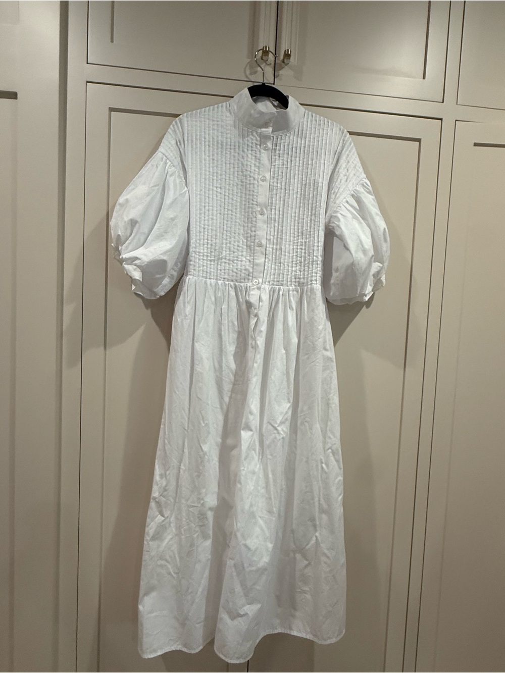 White Pintuck Midi Dress with Puff Sleeves